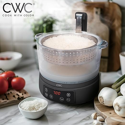 COOK WITH COLOR 3L Glass Mini Low Carb Rice Cooker – Holds 2 Cups Raw/Makes 6 Cups Cooked with Auto Lift Filter Basket, Hotpot & Steamer for Rice, Grains, Digital Panel with Keep Warm, Black