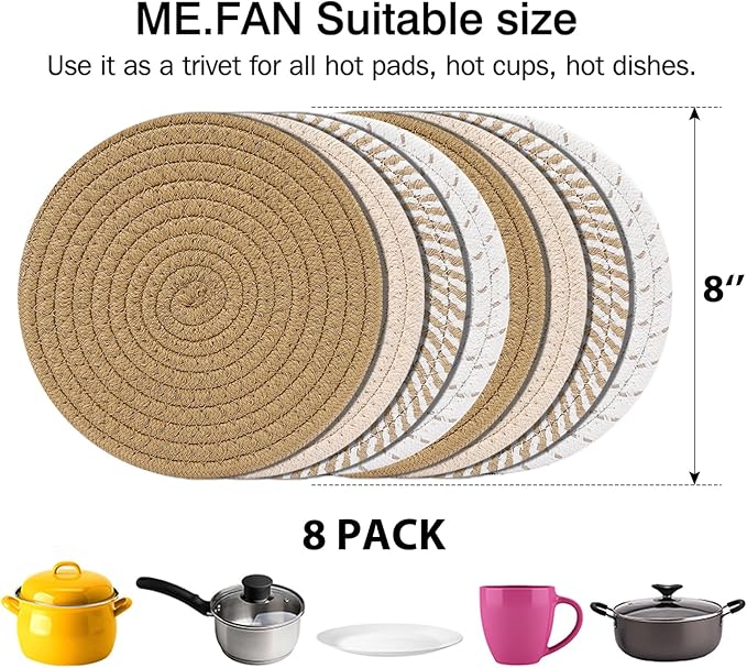 ME.FAN 8 Inch Trivets for Hot Dishs, 8 Set Cotton Thread Weave Trivets for Hot Pans, Potholders, Large Coasters, Hot Pads, Hot Mats to Protect Desktop & Countertop, Kitchen Essentials Coffee