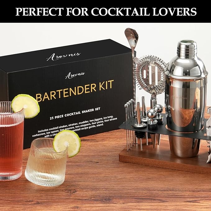 23-Piece Bartender Kit, Cocktail Shaker Set with Stand | Bar Drink Mixer Set with All Essential Bar Tools: Martini Shaker, Jigger, Strainer, Muddler, Pourers, for Home, Bar, Party (Brown)