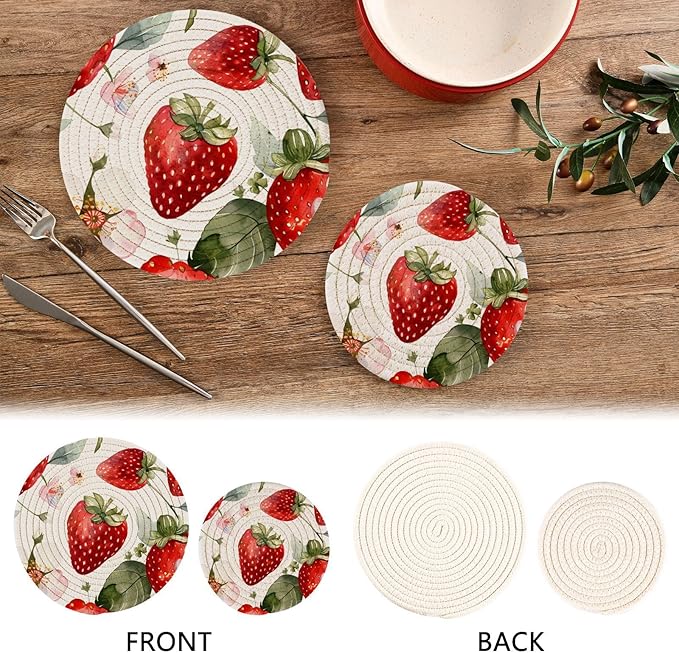 Cute Watercolor Strawberries Kitchen Trivets Pot Holders Set of 2, Trivets for Hot Pots Dishes Woven Trivet Coaster Pad Mat for Counter