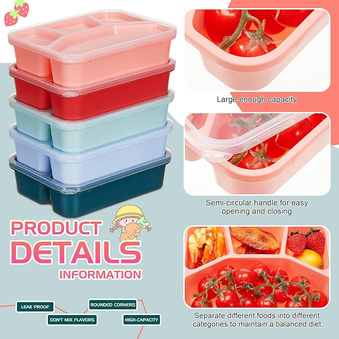 Honeydak 5 Pack Snack Containers 4 Compartment Bento Snack Boxes Reusable Lunchable Containers with Lids Divided Meal Prep Lunch Food Storage Box for School Work Travel(Melon,Mixed)