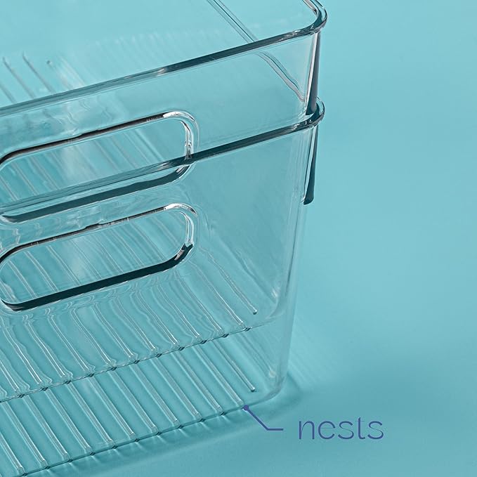 primebox Plastic Food Storage 4 Pack Clear Container Bin with Handles for Organizing Kitchen, Pantry, Refrigerator, Freezer, Pantry, Cabinet, Closet, Bathroom. 10”x7.5”x5.3”
