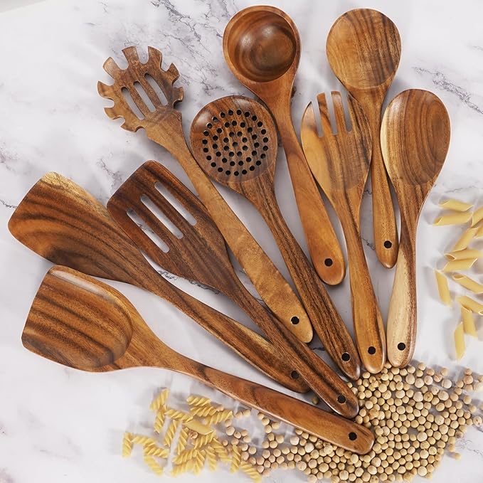 Wooden Spoons for Cooking – 9 Pc Teak Wood Utensil Set, Durable, Nonstick Safe & Heat Resistant with Ergonomic Handles - Unique Kitchen Gifts for Women Men, Cooking Gifts for Men Women