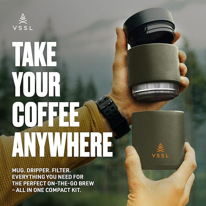 VSSL - Nest Pour Over Coffee Set | Coffee Maker for Camping | All-In-One Travel Pour Over | Transportable Dripper, 10oz Stainless Steel Travel Mug | Compact Storage & Adventure Ready | Deep Moss