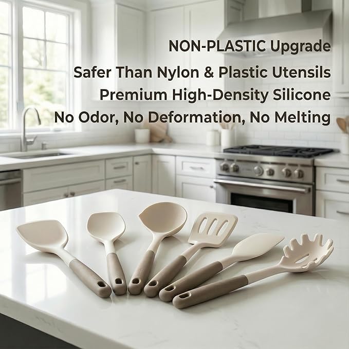 6-Piece Silicone Kitchen Utensil Set, NON-PLASTIC 500°F Heat-Resistant BPA-Free Dishwasher Safe Cooking Tools with Upgraded Spatula, Turner Ladle Skimmer Pasta Fork Scraper, Cream White &Mocha