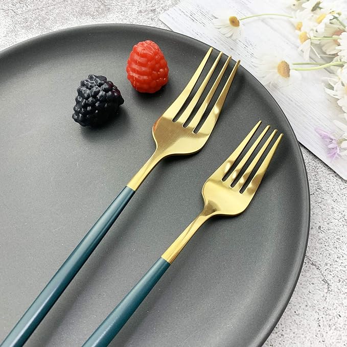 JASHII 18/10 Silver Silverware Set Stainless Steel Flatware Utensils Set Gold Cutlery Set| 36-Piece Modern Cubiertos Dorados| BEST Birthday Wedding Gift (6 sets, Green Handle Gold Mirror Polish)