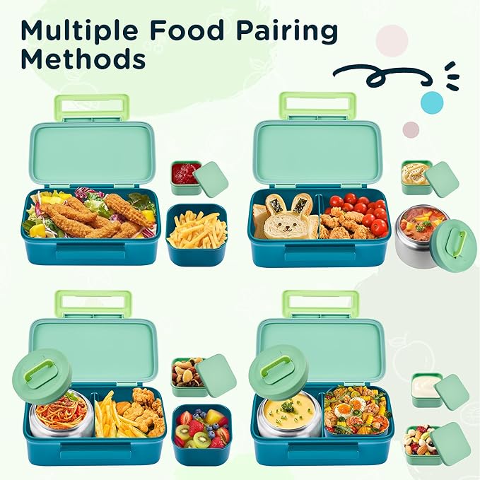 MAISON HUIS Bento Box for Kids with 8oz Soup Thermo, Insulated Lunch Bag & 17oz Water Bottle, 2-Compartment Bento Box with Built-In Ice Pack, Leak-Proof & BPA-Free (Green)