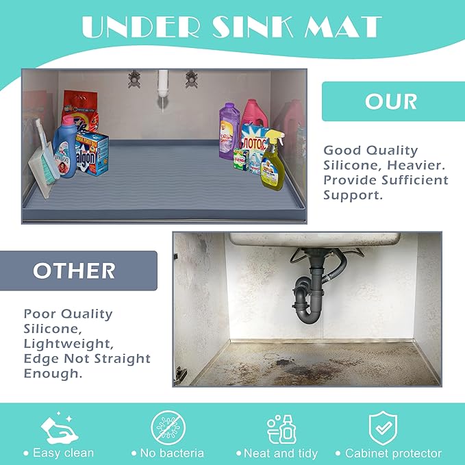 URMONA Waterproof Silicone Under Sink Mat 34'' x 19'' Shelf Liner for Kitchen and Bathroom, Cabinet and Counter Protector, Storage and Organizers, Litter Mat, Pet Cat Puppy Essentials(Light Grey)