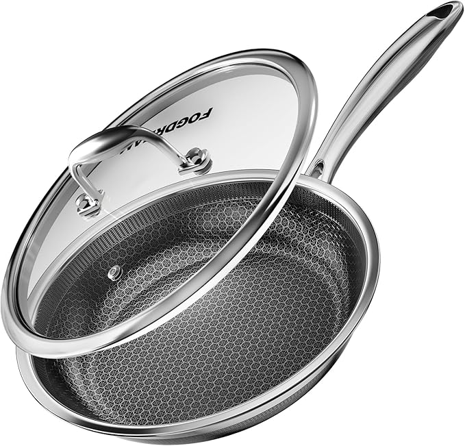 Fogdream 8” Stainless Steel Pan, Non Stick Frying Skillet with Lid, Tri-Ply Stainless Steel for All Cooktops, Dishwasher and Oven-Safe Cooking Pan, Stay-Cool Handle, Silver