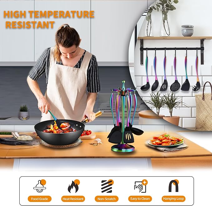 Kitchen Utensils Set, Large Non-stick Silicone Cooking Utensils Set 6 Pcs,Made of 446°F Heat Resistant Food Grade Silicone and Stainless Steel Handles,Easy to Clean Kitchen Gadgets Set (Rainbow)