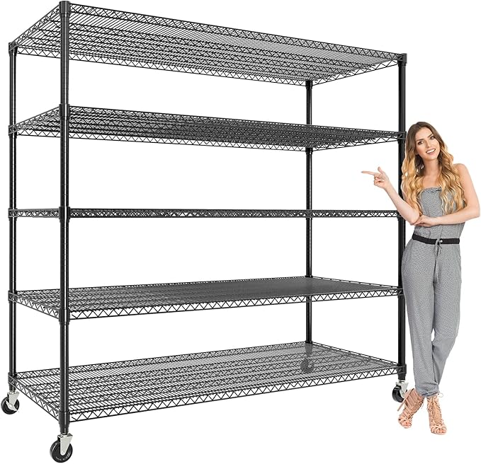 GAOMON 59" W Storage Shelves 86.2" H Heavy Duty Garage Shelving Units with Wheels, 5-Tiers Wire Shelving Rack Metal Storage Shelves for Garage Pantry Kitchen Commercial Industrial, 3300LBS Capacity