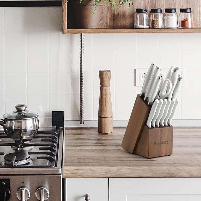 Knife set, Fikshot 14-Piece White knife set with Block, Elegant White Kitchen Knife Set for Ladies, Stainless Steel Knife Set with Sharpener, Dishwasher Safe (WHITE)
