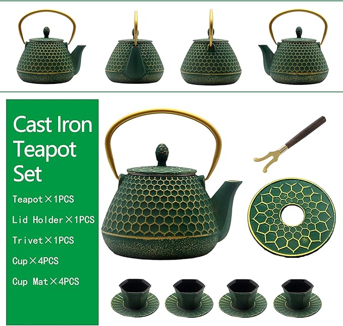 YJX Cast Iron Teapot and Tea Cups Set, 33.8oz Hexagon Pattern Tea Set with Cups and Cup Mats, Enameled Tea Kettle for Stovetop, Durable Tea Pot Set with Stainless Steel Infuser for Loose Leaf