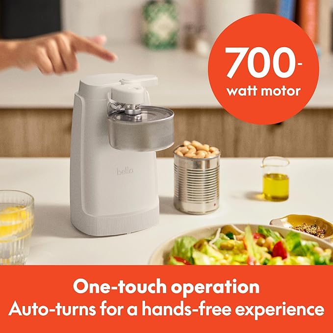 bella Electric Can Opener and Knife Sharpener, Removable Cutting Lever, Cord Storage, Stainless Steel Blade, Oatmilk