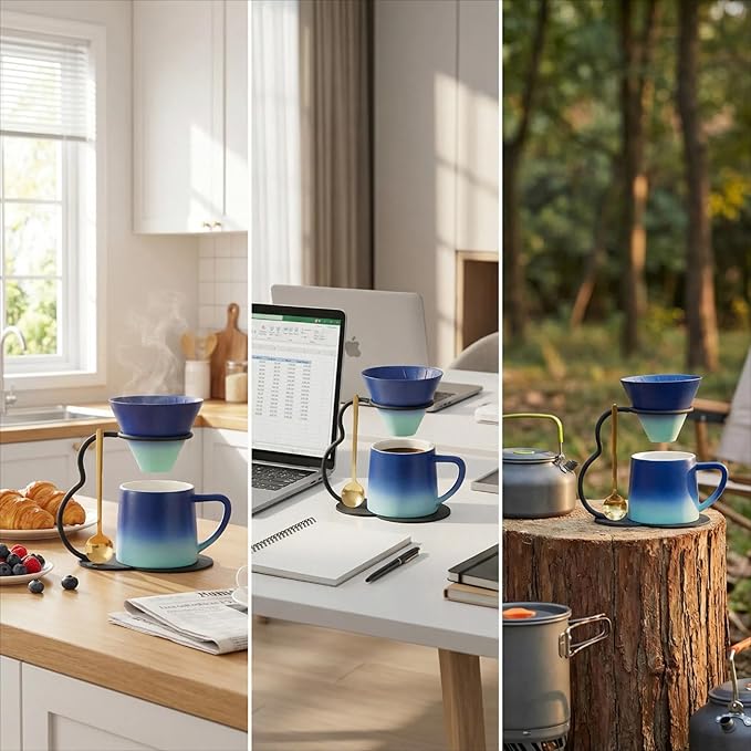 Pour Over Coffee Maker set,Ceramic Coffee Maker With V60 40 pcs Paper Filter，Metal Stand 9oz 270ml mug Pour Over Coffee Dripper blue