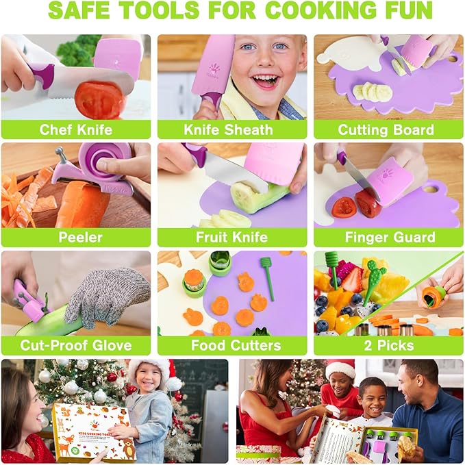 Kibbidea 13 Pcs Kids Kitchen Knife Set, Kids Cooking Sets Real with Cutting Board, Peeler, Serrated Edges Stainless Steel Toddler Safe Knife, Sandwich Cutter (Green)