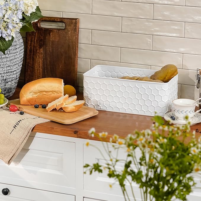 Large Bread Box for Kitchen Countertop Corner Breadbox for Homemade Bread Metal White Honeycomb Pattern Embossed Bread Storage Container Bin with Bamboo Lid