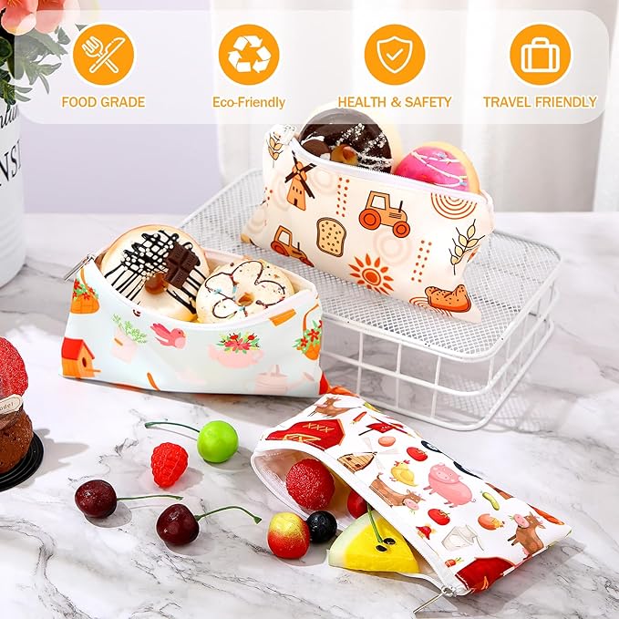 Chumia 6 Pcs Reusable Snack Bags Christmas Gifts Food Safety Washable Snack Bags Lunch with Zipper Portable Sandwich Bag Food Storage Pouch Double Layer (Farm,6.9 x 3.7 Inches)