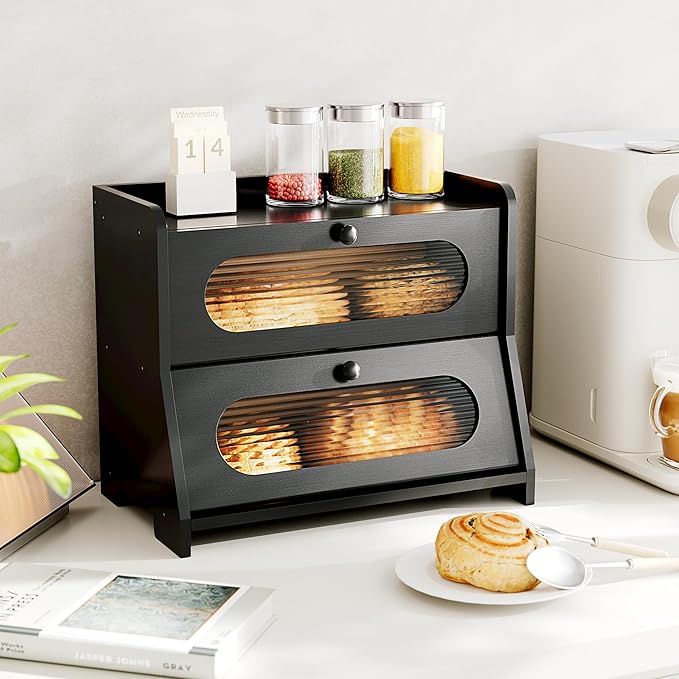 Bread Box for Kitchen Countertop,Double Layer Large Capacity Bamboo Bread Storage Container with Acrylic Wavy Door Panel for Kitchen Counter,Cabinet,Pantry(Black)