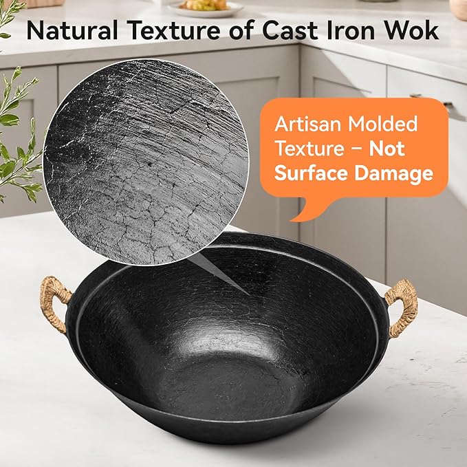 WANGYUANJI 13.4 Inch Cast Iron Wok with Wooden Lid and Iron Spatula, Flat Bottom Double-Handle Chinese Stir Fry Pan, Uncoated Cast Iron Wok for Induction, Gas and Electric Stoves