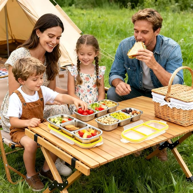 3 Pack Stainless Steel Snack Containers with Lids, Reusable Metal Food Storage Containers, 3 Compartment Leakproof Snack Box, Portable Bento Lunch Snack Boxes for Home, Travel, Outdoor and Camping