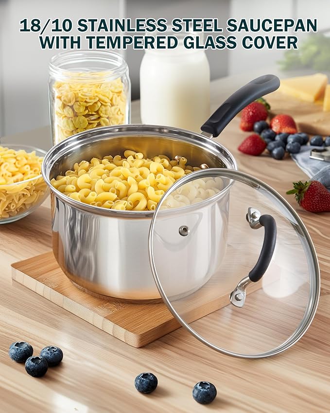Cook N Home Saucepan Sauce Pot with Lid 1 Quart Stainless Steel , Stay Cool Handle, silver