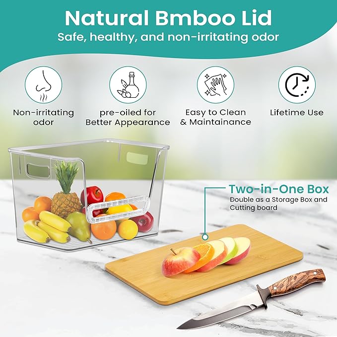 2 Set Pantry Organizers, Storage,Bamboo Lids with Removable Drain Trays, Stackable Clear Bins for Potato, Onion, Vegetables, Fruit, Trash Bag Dispenser, Under Sink Organizer for 4-13 Gal Bags