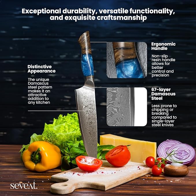 Damascus Kitchen Knife Set, 67-Layer Damascus Steel, 3-Piece Professional Set: 13” Chef, 12.3” Santoku & 9.8” Utility Knife, Ergonomic Wood & Resin Handle, Ideal for Gifting (Blue, 3 pieces)