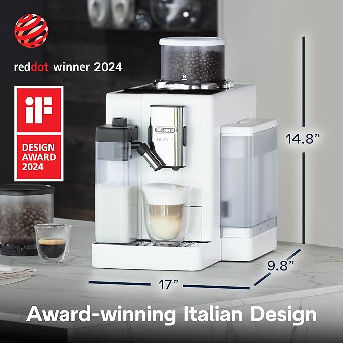 De'Longhi Rivelia Automatic Espresso Machine with Grinder & Milk Frother – All-in-One Coffee Maker, Hot & Iced Latte, Cappuccino, Bean Switch System, Burr Grinder, Compact Italian Design, White