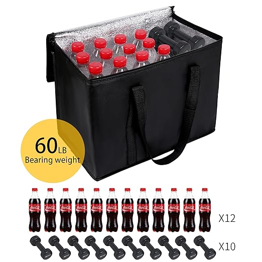 2 Pack Additional Bottom Plate Black Insulated Grocery Shopping Bag, Delivery,Pizza,Reusable Bags, Sturdy Zipper,Collapsible,Tote,Cooler,Thermal,Beach,Waterproof Heavy Duty