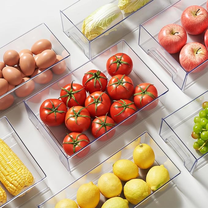 Clear Stackable Refrigerator Organizers and Storage Drawers - Pull-Out Fridge Bins with Anti-Slip Base & Easy Clean, Plastic Organizers for Kitchen Pantry Cabinet Closet ﻿ (2XL)
