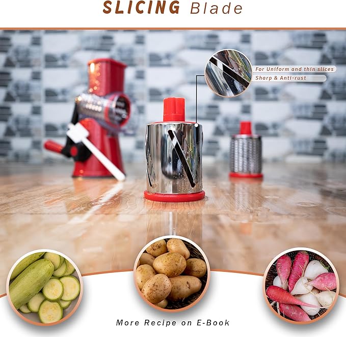 Rotary Cheese Grater with Handle - 3-in-1 Cheese Shredder - Easy to Clean Rotary Grater - Mandoline Vegetable Slicer Hand Crank - with Brush and Peeler - Red