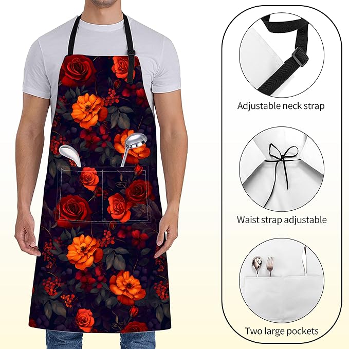 Floral Apron for Women with Dark Red Orange Rose,28x33in,Autumn Kitchen Aprons with 2 Pockets, Oxford Fabric,Gothic Flower Adjustable Apron for Cooking Baking Gardening Chef,Gifts for Mom Wife
