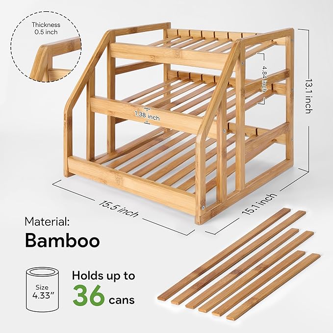 HOMESTEAD 3-Tier Bamboo Pantry Can Organizers - 36 Cans Dispenser Rack, Flexible Dividers, Canned Goods Organizer For Pantry Shelves & Kitchen Storage Organization