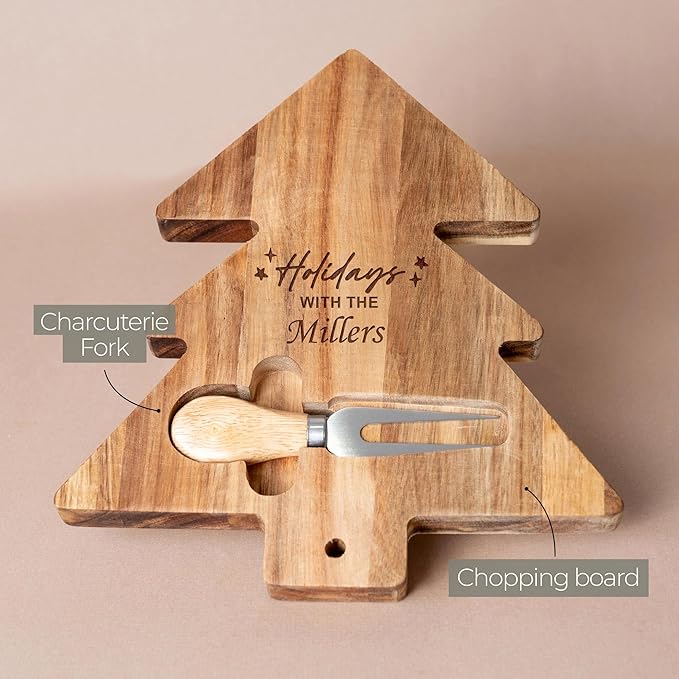 Custom engraved christmas tree luxury charcuterie board set, holiday season cheese, fruits, food, dessert, bread chopping acacia tray for table decoration, personalized gift for dinner hostess