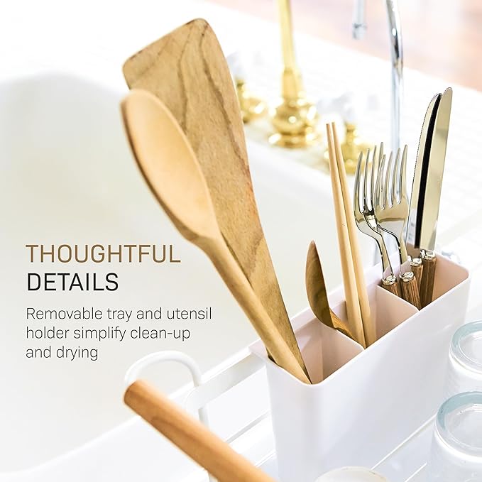 Yamazaki Home Dish Drying Rack – Modern White Dish Rack for Kitchen Counter with Removable Drainer Tray and Cutlery Holder, Steel + Wood Dish Drying Organizer, Small Space-Saving Design