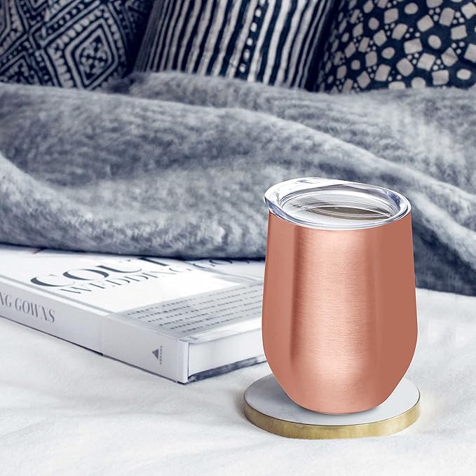 DISCOUNT PROMOS Stemless Wine Glass Tumblers with Lids by Largo 11 oz. Set of 6, Bulk Pack - Perfect for Wine, Cocktails, Other Hot & Cold Beverages - Rose Gold