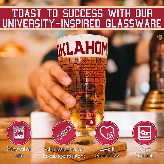 Greenline Goods – University of Oklahoma Sooners College Pint Beer Glasses (Set of 2), 16 oz – Full-Color Logo + Campus Map