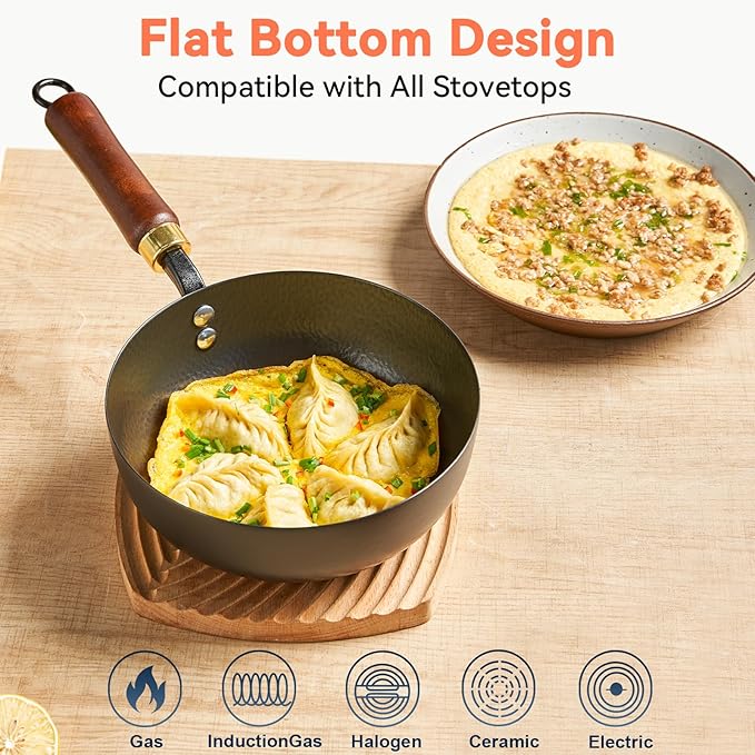 WANGYUANJI 8 Inch Hammered Iron Stir Fry Pan for 1–2 Servings, Removable Beechwood Handle, Traditional Small Wok for Searing, Sautéing, Stir-Frying – Non-Coated, Stovetop Compatible