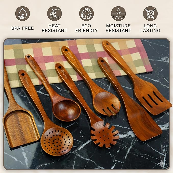100% Natural Acacia Wooden Cooking Utensils Set - 07 Pcs Wooden Spurtle Set - Spurtles Kitchen Tools As Seen On TV Paddle - Safe for Nonstick Cookware - Stirs Like a Spoon, Flips Like A Spatul