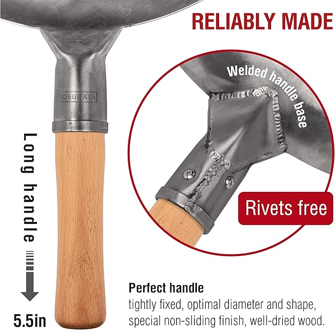 YOSUKATA Silver Round Bottom Wok Pan – 14" Woks and Stir Fry Pans + 17’’ Wok Spatula and Ladle - Set of 2 Heat-Resistant Wok Tools - Universal Wok Ladle Flat Bottom Pow Wok