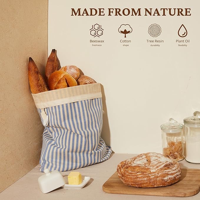 BRONYPRO Reusable Beeswax and Cotton Bread Bags, 2-Pack Waxed Bread Bags for Homemade Bread & Sourdough, Sustainable Sourdough Loaf Storage to Lock in Freshness, Large 17x12.6in, Blue