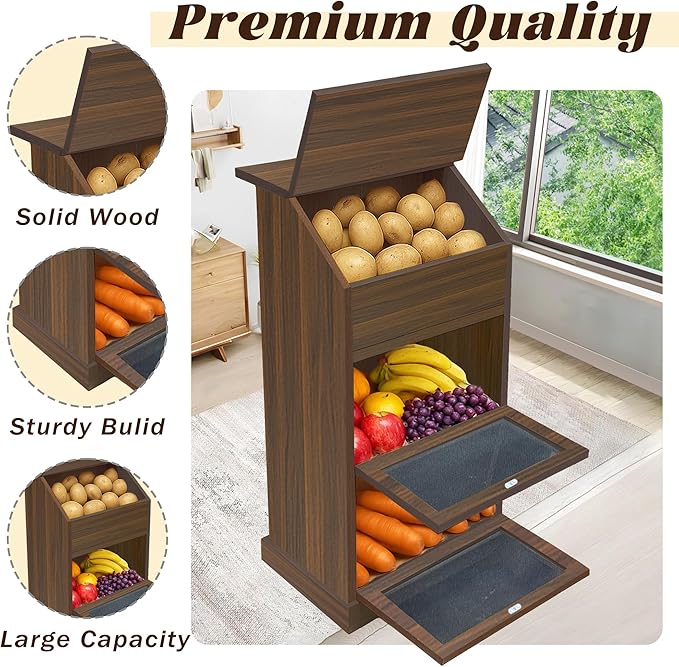 Potato Storage Bin, 3-Tier Potato and Onion Storage Bin with Lid, Wooden Bread Box for Fruit and Vegetable,Food Storage Containers for Kitchen Pantry (Walnut)