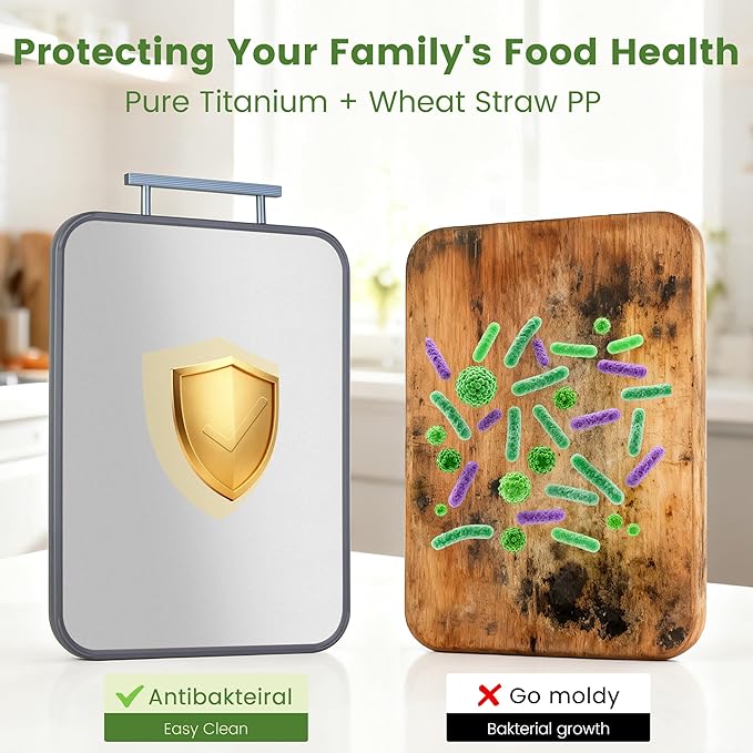 Titanium Cutting Boards for Kitchen, Non Toxic 2-in-1 Cutting Board Double Sided, Food Grade Pure Titanium and Wheat Straw PP, Easy to Clean Large Size 16”×11”