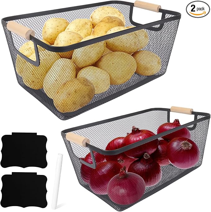 Potato and Onion Storage Bin, 2 Set Potato Bin Storage and Onion Container with Wooden Handle, Pantry Kitchen Organization and Storage, Metal Mesh Baskets for Fruit, Vegetable, Produce-Black