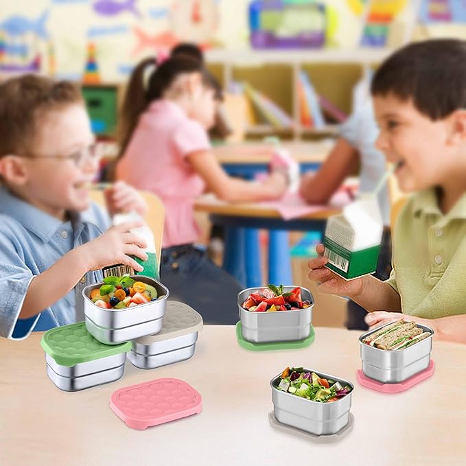 Homikit 3 Pack Snack Containers for Kids, 18/10 Stainless Steel Toddler Lunch Box with Silicone Lids, Reusable Bento Food Container Set for School Daycare, Nontoxic & Leak Proof, Pink/Green/Khaki