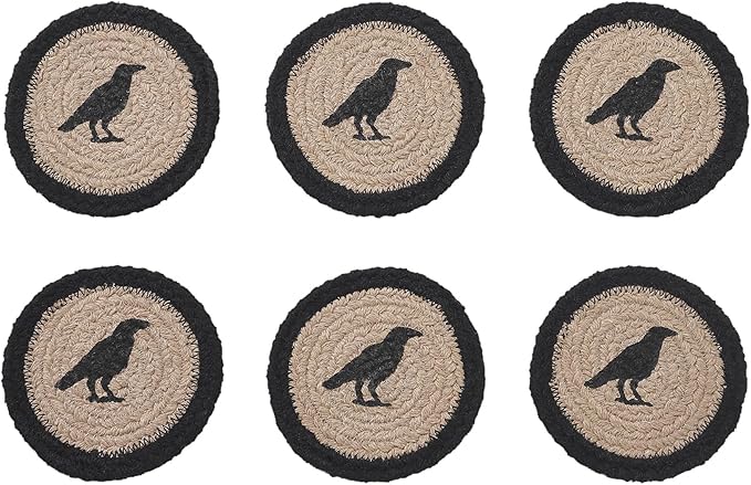 VHC Brands Raven Harvest Stencil Braided Cotton Coaster Set of 6, Decorative Fall Coasters, Table Decor for Fall Thanksgiving and Halloween