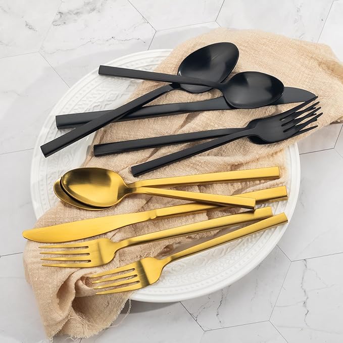 Alata Cube Mixed Black & Gold 40-Piece Forged Silverware Set Stainless Steel Flatware Set,Service for 8,Matte Satin Polished Cutlery Set,Dishwasher Safe