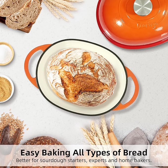 Davivy 6QT Oval Bread Oven with Domed Lid, Enameled Oval Dutch Oven Pot for Sourdough Bread Baking 6QT, Non-stick Cast Iron Sourdough Pan Bread Cloche with Lid - Flame Orange
