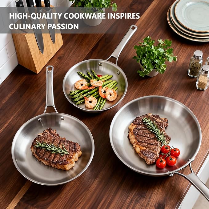 VINGLI 8'' 10'' 12'' Stainless Steel Frying Pan Set, Tri-Ply Skillets Set with Lids, Non-Toxic Chef's Pan, PFOA & PTFE Free, Compatible for All Cooktops, Dishwasher & Oven Safe (5-Pcs Skillets Set)